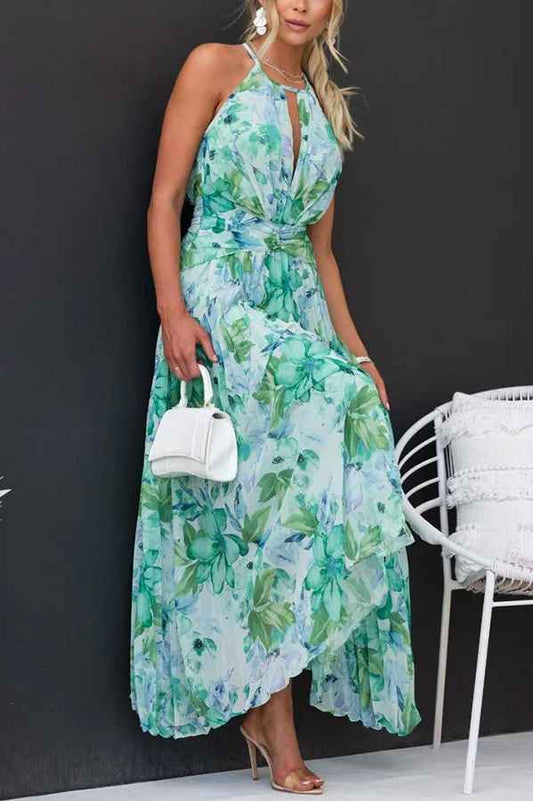 Robe Longue Plissée à Imprimé Floral – Col Halter Croisé
