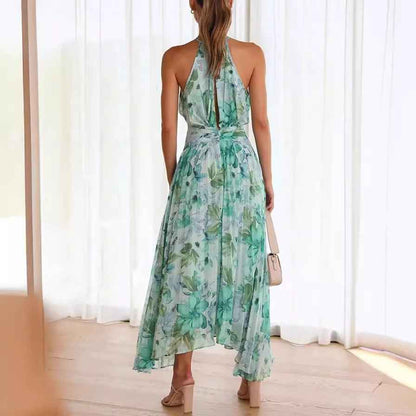 Robe Longue Plissée à Imprimé Floral – Col Halter Croisé