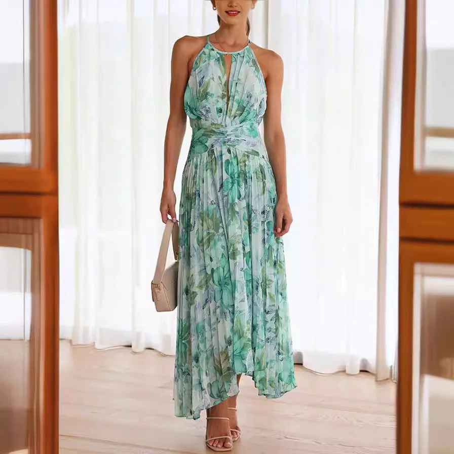 Robe Longue Plissée à Imprimé Floral – Col Halter Croisé
