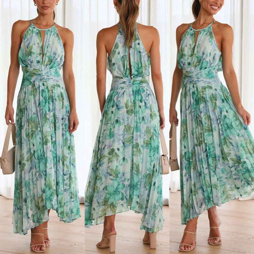 Robe Longue Plissée à Imprimé Floral – Col Halter Croisé