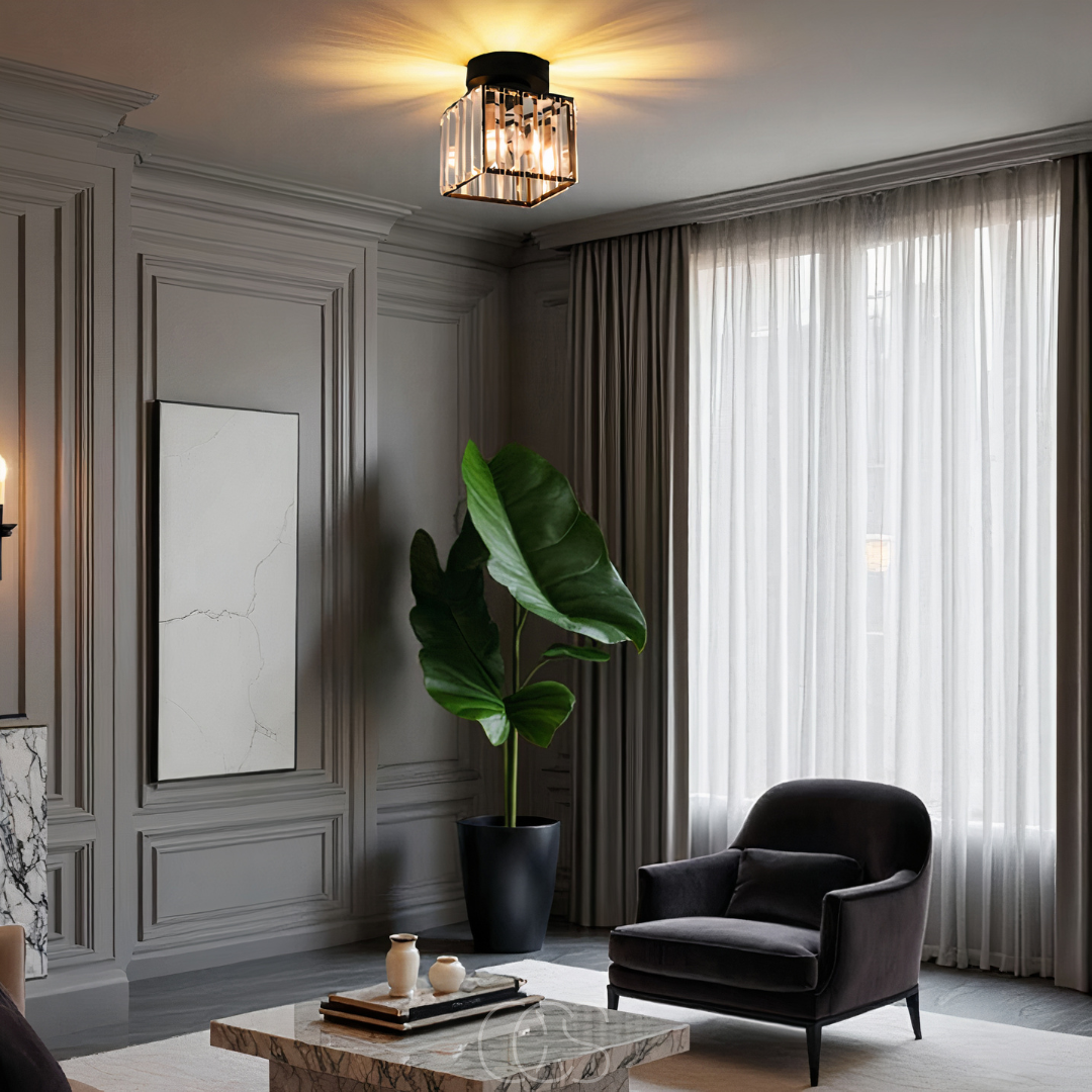 Vellina - Crystal ceiling lamp - Black Metal & K9 Crystal flush mount