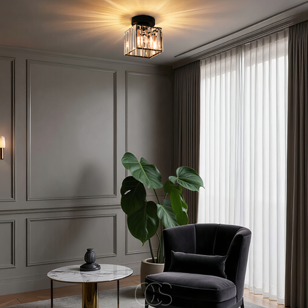 Vellina - Crystal ceiling lamp - Black Metal & K9 Crystal flush mount
