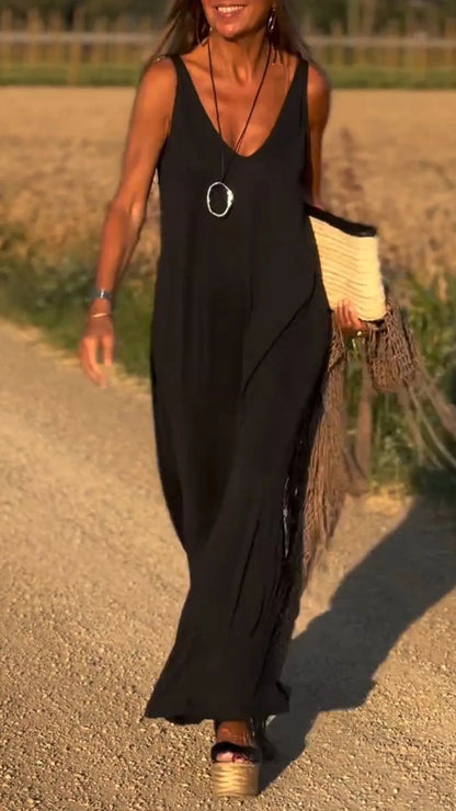 Robe Longue Noire Éclat Solaire – Élégance Minimaliste & Liberté