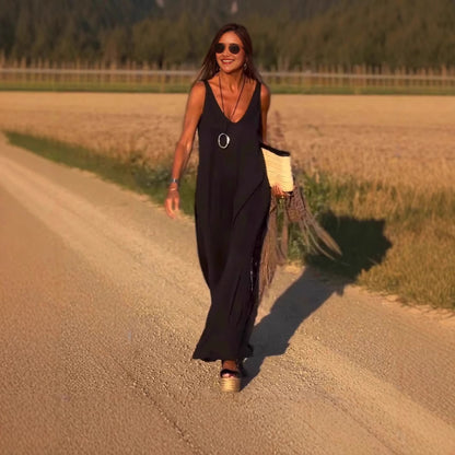 Robe Longue Noire Éclat Solaire – Élégance Minimaliste & Liberté